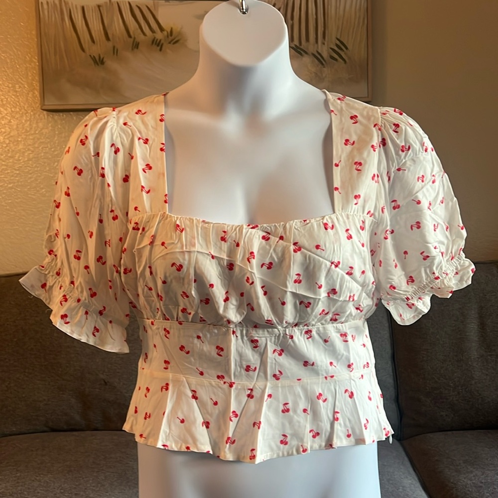 White Cherry Print Puff Sleeve Top